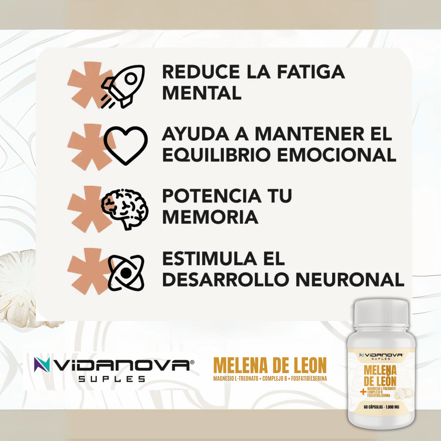🧄 MELENA DE LEÓN FORTIFICADA con Mg+cB+PS 1000MG 🧠